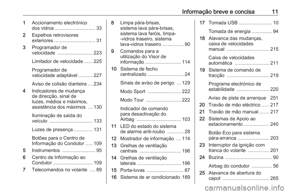 OPEL ZAFIRA C 2019 Manual de Instruções (in Portugues) Informação breve e concisa111Accionamento electrónico
dos vidros .............................. 33
2 Espelhos retrovisores
exteriores .............................. 31
3 Programador de
velocidade OPEL ZAFIRA C 2019 Manual de Instruções (in Portugues) Informação breve e concisa111Accionamento electrónico
dos vidros .............................. 33
2 Espelhos retrovisores
exteriores .............................. 31
3 Programador de
velocidade
