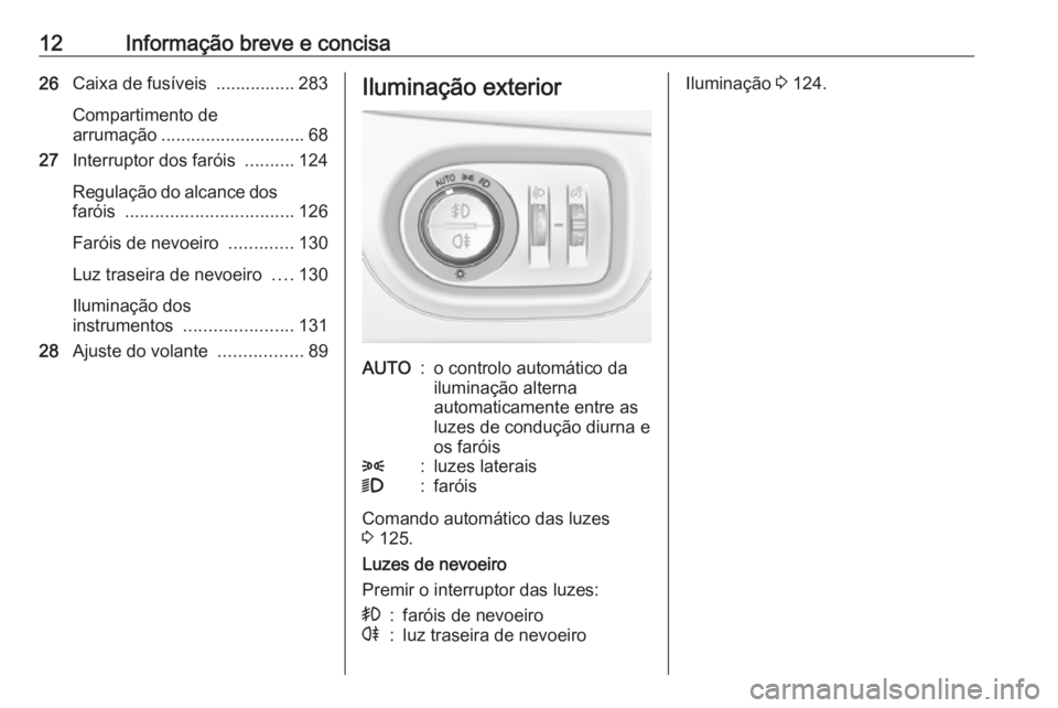 OPEL ZAFIRA C 2019 Manual de Instruções (in Portugues) 12Informação breve e concisa26Caixa de fusíveis ................ 283
Compartimento de
arrumação ............................. 68
27 Interruptor dos faróis ..........124
Regulação do alcance OPEL ZAFIRA C 2019 Manual de Instruções (in Portugues) 12Informação breve e concisa26Caixa de fusíveis ................ 283
Compartimento de
arrumação ............................. 68
27 Interruptor dos faróis ..........124
Regulação do alcance
