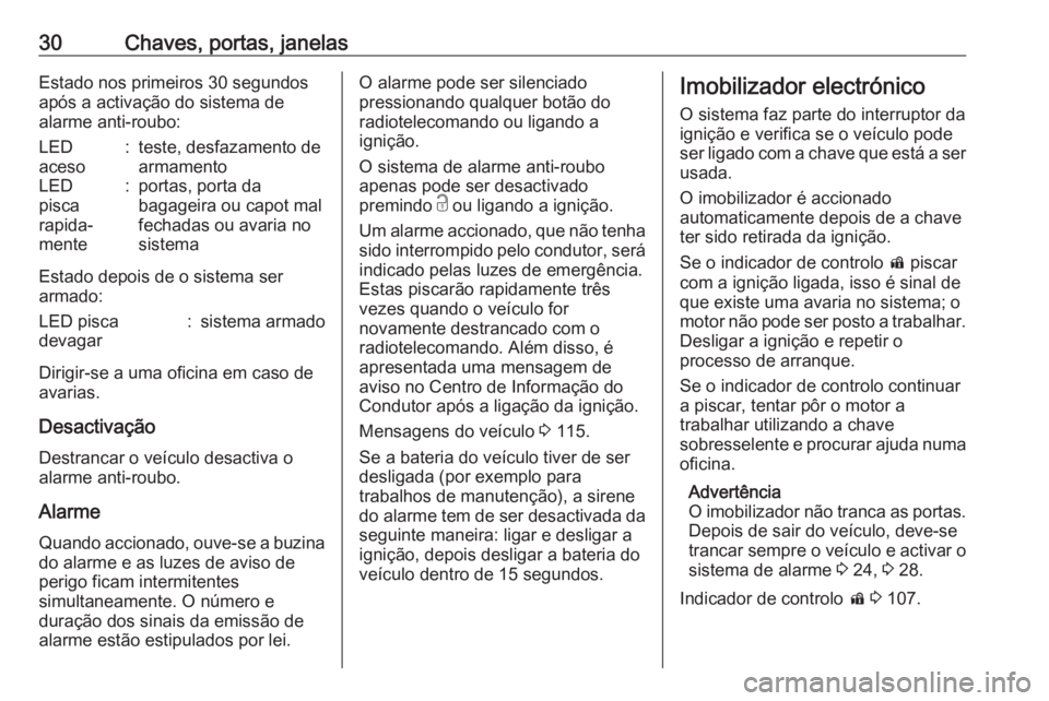 OPEL ZAFIRA C 2019 Manual de Instruções (in Portugues) 30Chaves, portas, janelasEstado nos primeiros 30 segundos
após a activação do sistema de
alarme anti-roubo:LED
aceso:teste, desfazamento de
armamentoLED
pisca
rapida‐
mente:portas, porta da
bagag OPEL ZAFIRA C 2019 Manual de Instruções (in Portugues) 30Chaves, portas, janelasEstado nos primeiros 30 segundos
após a activação do sistema de
alarme anti-roubo:LED
aceso:teste, desfazamento de
armamentoLED
pisca
rapida‐
mente:portas, porta da
bagag