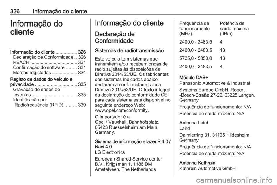 OPEL ZAFIRA C 2019 Manual de Instruções (in Portugues) 326Informação do clienteInformação do
clienteInformação do cliente ................326
Declaração de Conformidade ..326
REACH .................................... 331
Confirmação do software OPEL ZAFIRA C 2019 Manual de Instruções (in Portugues) 326Informação do clienteInformação do
clienteInformação do cliente ................326
Declaração de Conformidade ..326
REACH .................................... 331
Confirmação do software