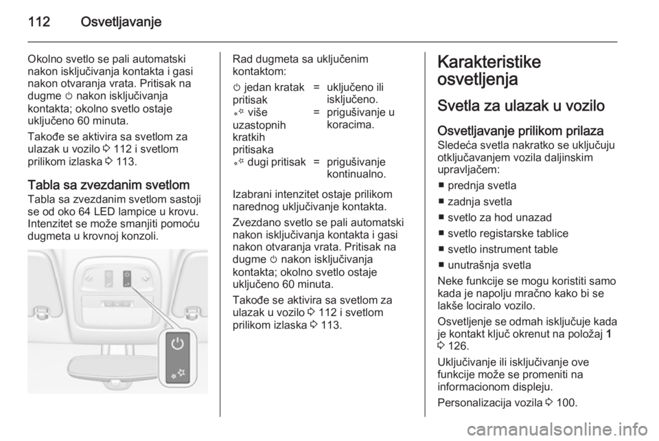 OPEL ADAM 2014 Uputstvo za rukovanje Infotainment sistemom (in Serbian) 112Osvetljavanje
Okolno svetlo se pali automatski
nakon isključivanja kontakta i gasi
nakon otvaranja vrata. Pritisak na
dugme m nakon isključivanja
kontakta; okolno svetlo ostaje
uključeno 60 min OPEL ADAM 2014 Uputstvo za rukovanje Infotainment sistemom (in Serbian) 112Osvetljavanje
Okolno svetlo se pali automatski
nakon isključivanja kontakta i gasi
nakon otvaranja vrata. Pritisak na
dugme m nakon isključivanja
kontakta; okolno svetlo ostaje
uključeno 60 min