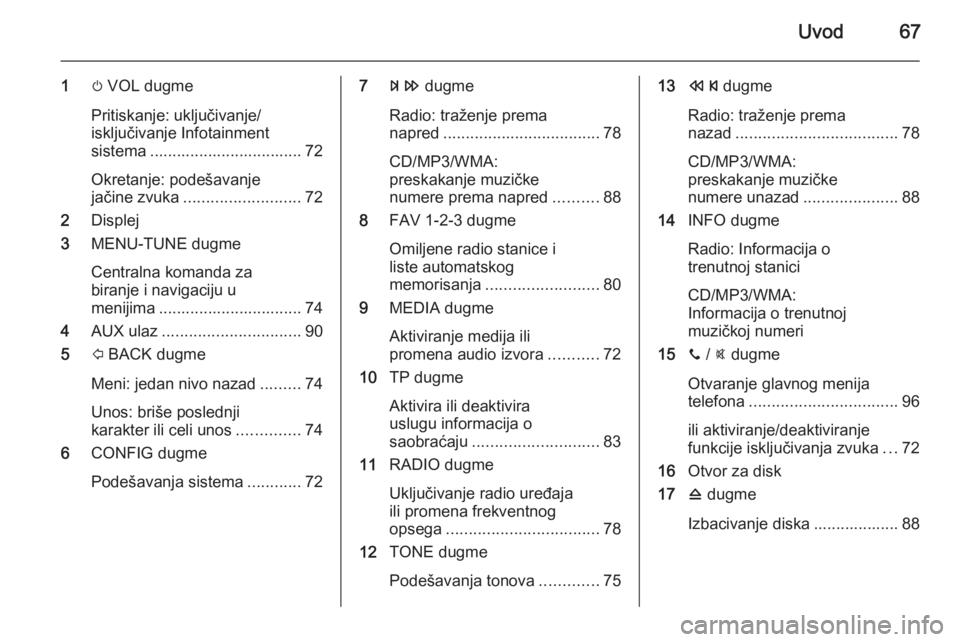 OPEL ADAM 2014.5  Uputstvo za rukovanje Infotainment sistemom (in Serbian) Uvod67
1m VOL dugme
Pritiskanje: uključivanje/
isključivanje Infotainment
sistema .................................. 72
Okretanje: podešavanje
jačine zvuka .......................... 72
2 Displej
