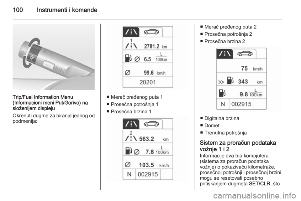 OPEL ADAM 2014.5 Uputstvo za rukovanje Infotainment sistemom (in Serbian) 100Instrumenti i komande
Trip/Fuel Information Menu
(Informacioni meni Put/Gorivo) na
složenijem displeju
Okrenuti dugme za biranje jednog od
podmenija:■ Merač pređenog puta 1
■ Prosečna potr OPEL ADAM 2014.5 Uputstvo za rukovanje Infotainment sistemom (in Serbian) 100Instrumenti i komande
Trip/Fuel Information Menu
(Informacioni meni Put/Gorivo) na
složenijem displeju
Okrenuti dugme za biranje jednog od
podmenija:■ Merač pređenog puta 1
■ Prosečna potr