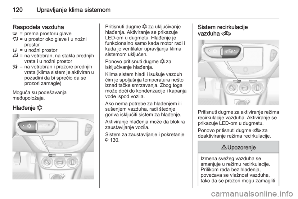 OPEL ADAM 2015.5 Uputstvo za upotrebu (in Serbian) 120Upravljanje klima sistemom
Raspodela vazduhaM=prema prostoru glaveL=u prostor oko glave i u nožni
prostorK=u nožni prostorJ=na vetrobran, na stakla prednjih
vrata i u nožni prostorl=na vetrobran OPEL ADAM 2015.5 Uputstvo za upotrebu (in Serbian) 120Upravljanje klima sistemom
Raspodela vazduhaM=prema prostoru glaveL=u prostor oko glave i u nožni
prostorK=u nožni prostorJ=na vetrobran, na stakla prednjih
vrata i u nožni prostorl=na vetrobran