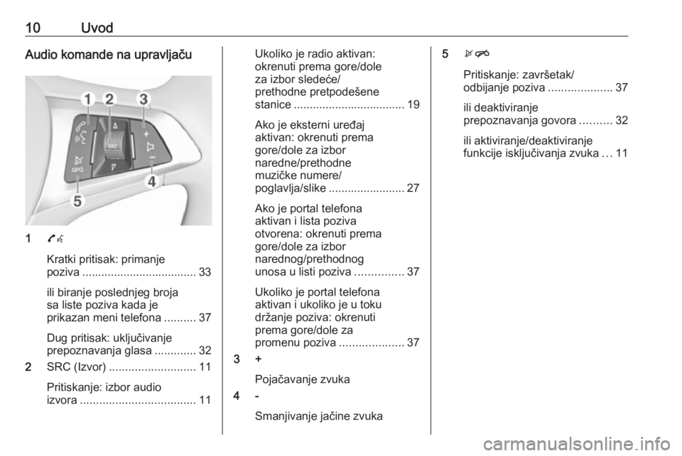 OPEL ADAM 2016.5  Uputstvo za rukovanje Infotainment sistemom (in Serbian) 10UvodAudio komande na upravljaču
17w
Kratki pritisak: primanje
poziva .................................... 33
ili biranje poslednjeg broja
sa liste poziva kada je
prikazan meni telefona ..........37