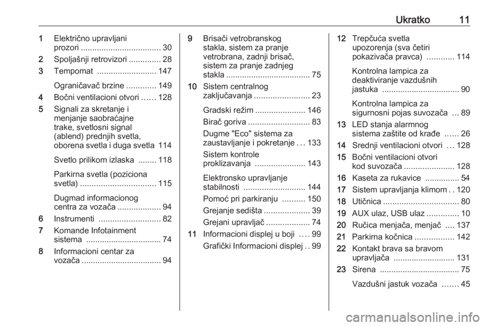 OPEL ADAM 2017  Uputstvo za upotrebu (in Serbian) Ukratko111Električno upravljani
prozori ................................... 30
2 Spoljašnji retrovizori ..............28
3 Tempomat  .......................... 147
Ograničavač brzine .............