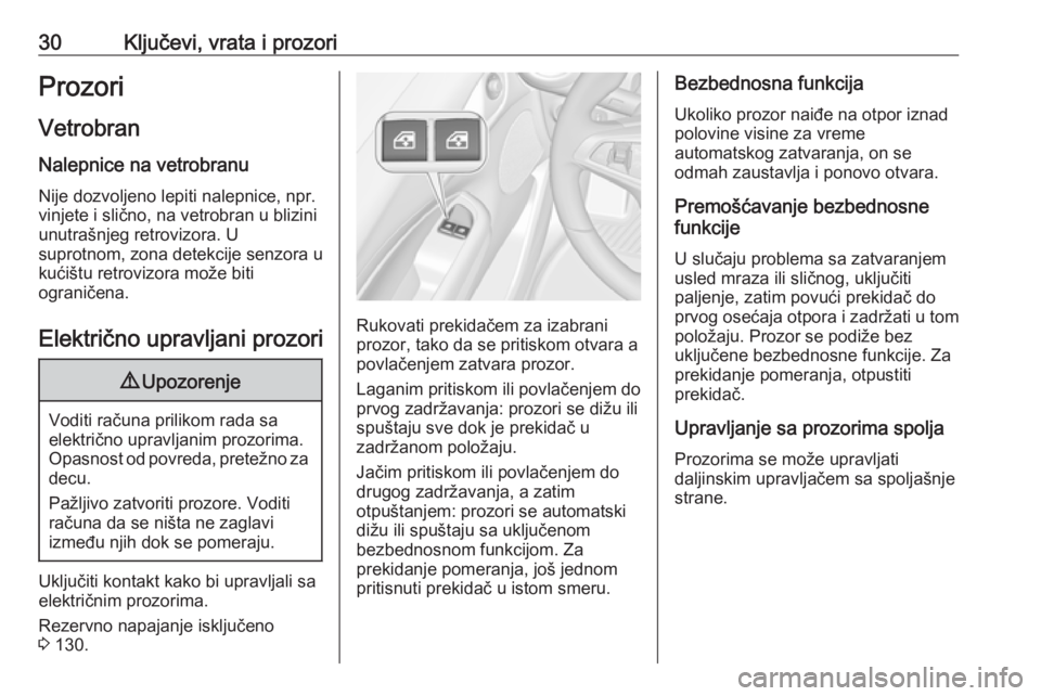 OPEL ADAM 2017.5  Uputstvo za upotrebu (in Serbian) 30Ključevi, vrata i prozoriProzori
Vetrobran Nalepnice na vetrobranu Nije dozvoljeno lepiti nalepnice, npr.
vinjete i slično, na vetrobran u blizini
unutrašnjeg retrovizora. U
suprotnom, zona detek