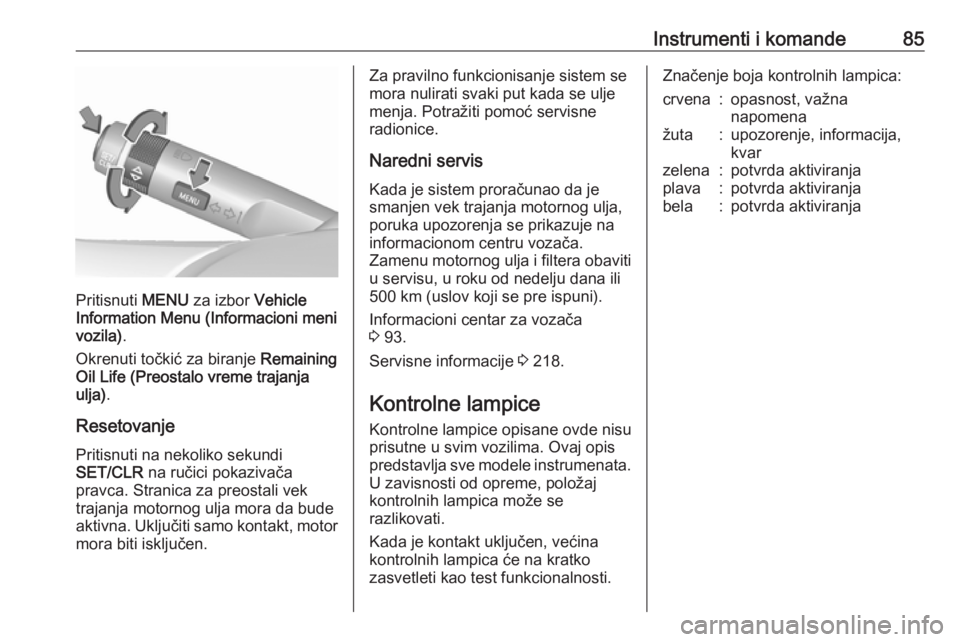 OPEL ADAM 2017.5  Uputstvo za upotrebu (in Serbian) Instrumenti i komande85
Pritisnuti MENU za izbor  Vehicle
Information Menu (Informacioni meni
vozila) .
Okrenuti točkić za biranje  Remaining
Oil Life (Preostalo vreme trajanja
ulja) .
Resetovanje
P