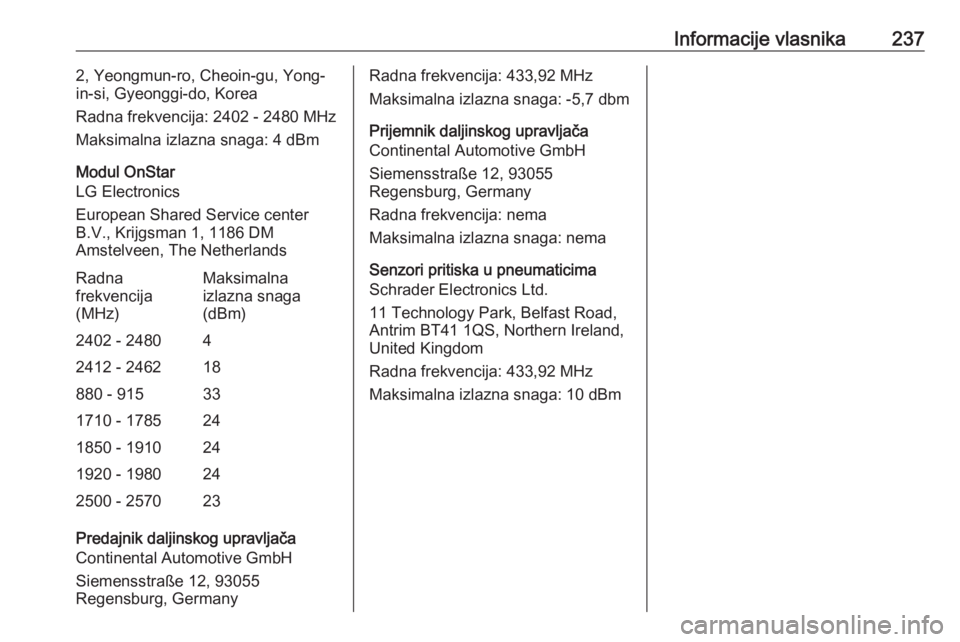 OPEL ADAM 2018.5  Uputstvo za upotrebu (in Serbian) Informacije vlasnika2372, Yeongmun-ro, Cheoin-gu, Yong-
in-si, Gyeonggi-do, Korea
Radna frekvencija: 2402 - 2480 MHz
Maksimalna izlazna snaga: 4 dBm
Modul OnStar
LG Electronics
European Shared Service