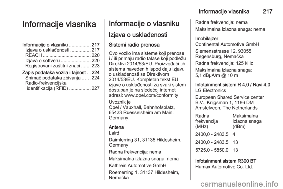 OPEL ADAM 2019 Uputstvo za upotrebu (in Serbian) Informacije vlasnika217Informacije vlasnikaInformacije o vlasniku................217
Izjava o usklađenosti ...............217
REACH .................................... 220
Izjava o softveru ........ OPEL ADAM 2019 Uputstvo za upotrebu (in Serbian) Informacije vlasnika217Informacije vlasnikaInformacije o vlasniku................217
Izjava o usklađenosti ...............217
REACH .................................... 220
Izjava o softveru ........