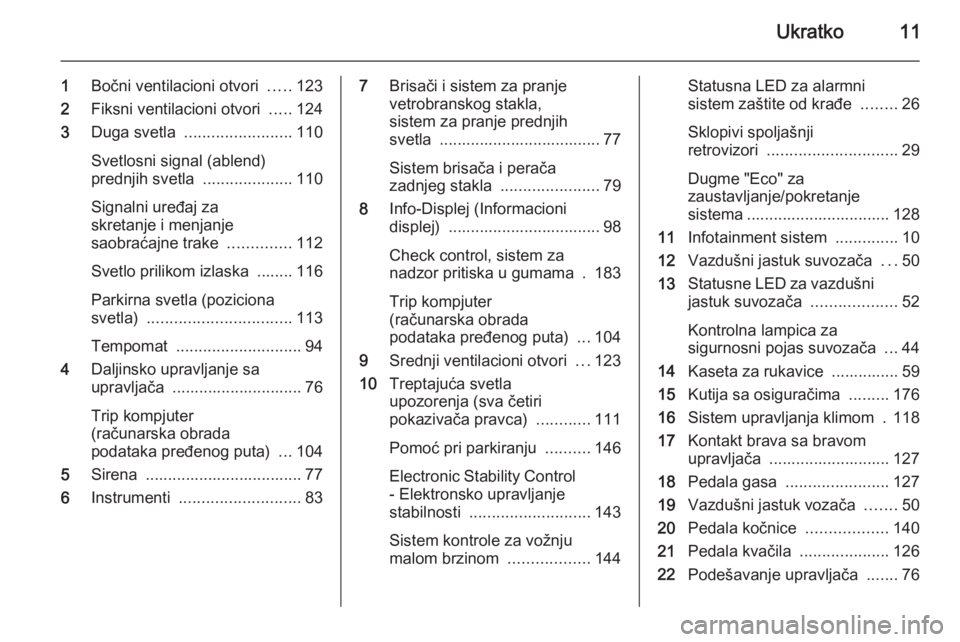 OPEL ANTARA 2014.5  Uputstvo za upotrebu (in Serbian) Ukratko11
1Bočni ventilacioni otvori  .....123
2 Fiksni ventilacioni otvori  .....124
3 Duga svetla  ........................ 110
Svetlosni signal (ablend)
prednjih svetla  ....................110
Si