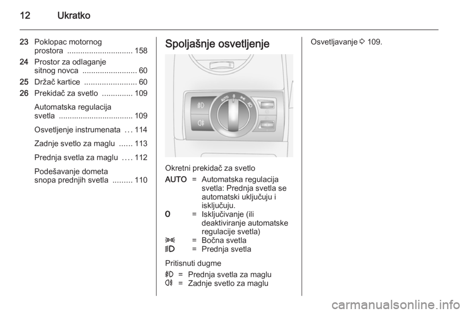 OPEL ANTARA 2014.5  Uputstvo za upotrebu (in Serbian) 12Ukratko
23Poklopac motornog
prostora  .............................. 158
24 Prostor za odlaganje
sitnog novca  ......................... 60
25 Držač kartice  ........................ 60
26 Prekida