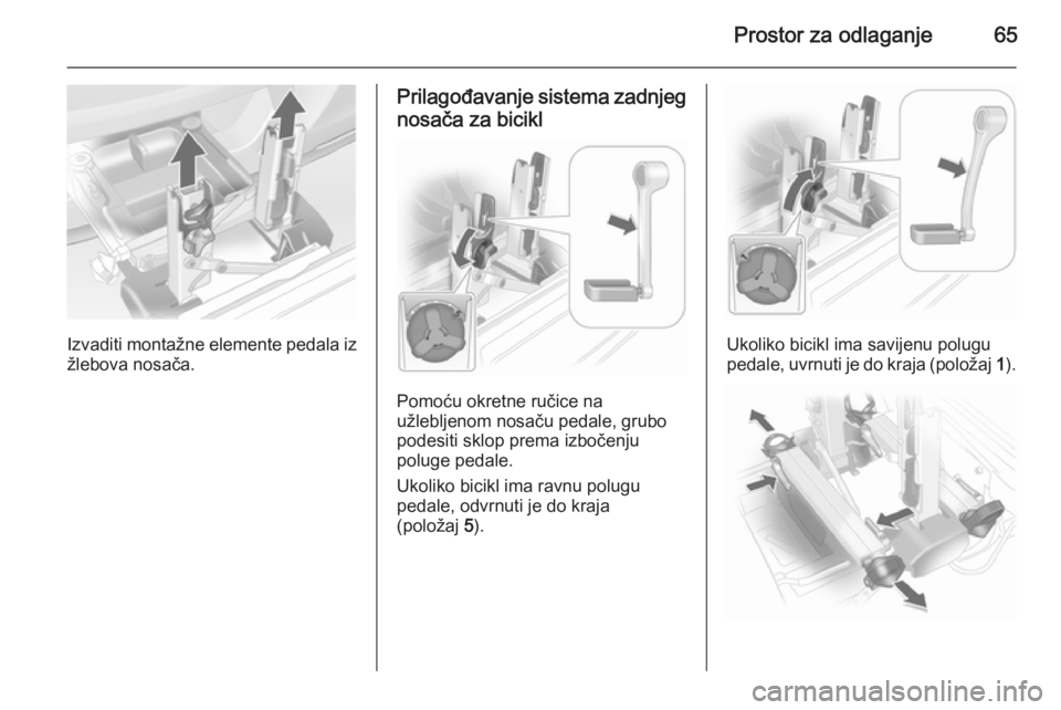 OPEL ANTARA 2014.5  Uputstvo za upotrebu (in Serbian) Prostor za odlaganje65
Izvaditi montažne elemente pedala iz
žlebova nosača.
Prilagođavanje sistema zadnjeg
nosača za bicikl
Pomoću okretne ručice na
užlebljenom nosaču pedale, grubo
podesiti 