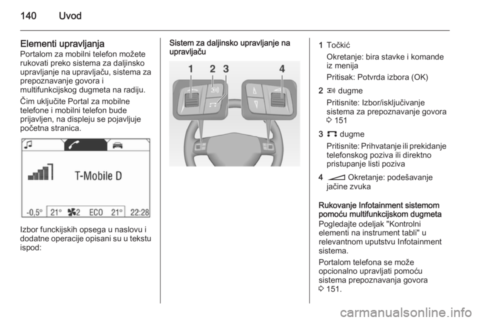 OPEL ANTARA 2015  Uputstvo za rukovanje Infotainment sistemom (in Serbian) 140Uvod
Elementi upravljanja
Portalom za mobilni telefon možete
rukovati preko sistema za daljinsko
upravljanje na upravljaču, sistema za prepoznavanje govora i
multifunkcijskog dugmeta na radiju.
�