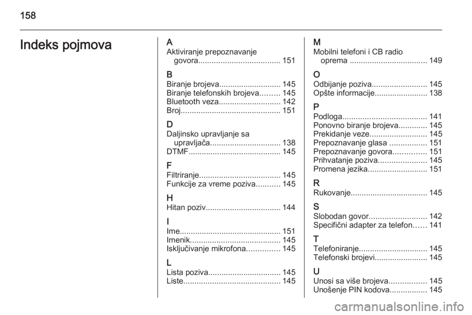 OPEL ANTARA 2015  Uputstvo za rukovanje Infotainment sistemom (in Serbian) 158Indeks pojmovaAAktiviranje prepoznavanje govora ..................................... 151
B Biranje brojeva............................ 145
Biranje telefonskih brojeva .........145
Bluetooth veza .