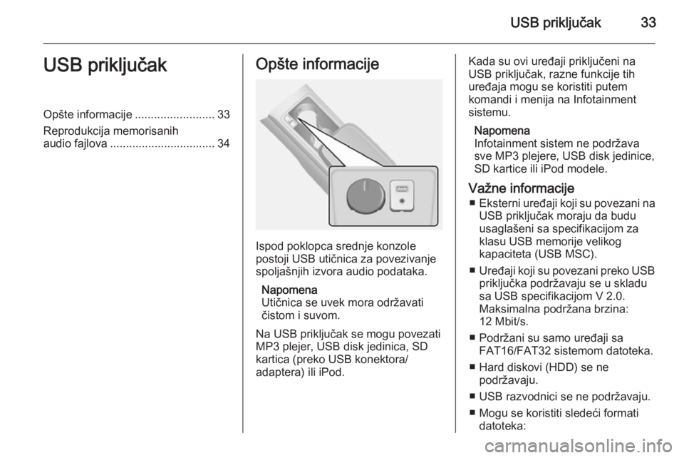 OPEL ANTARA 2015  Uputstvo za rukovanje Infotainment sistemom (in Serbian) USB priključak33USB priključakOpšte informacije.........................33
Reprodukcija memorisanih
audio fajlova ................................. 34Opšte informacije
Ispod poklopca srednje konzo