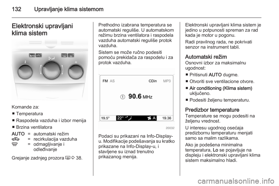 OPEL ASTRA H 2014  Uputstvo za upotrebu (in Serbian) 132Upravljanje klima sistemomElektronski upravljani
klima sistem
Komande za: ■ Temperatura
■ Raspodela vazduha i izbor menija
■ Brzina ventilatora
AUTO=automatski režim4=recirkulacija vazduhaV=