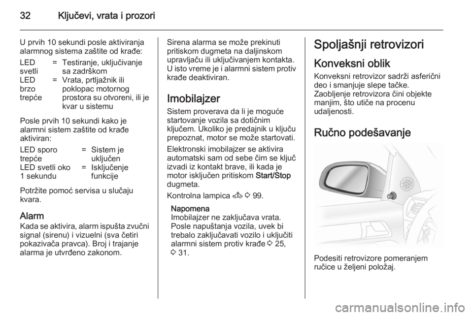 OPEL ASTRA H 2014  Uputstvo za upotrebu (in Serbian) 32Ključevi, vrata i prozori
U prvih 10 sekundi posle aktiviranjaalarmnog sistema zaštite od krađe:LED
svetli=Testiranje, uključivanje
sa zadrškomLED
brzo
trepće=Vrata, prtljažnik ili
poklopac m