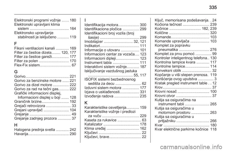 OPEL ASTRA J 2014  Uputstvo za upotrebu (in Serbian) 335
Elektronski programi vožnje ......180
Elektronski upravljani klima sistem  ..................................... 164
Elektronsko upravljanje stabilnosti je isključeno  ..........119
F Fiksni ven