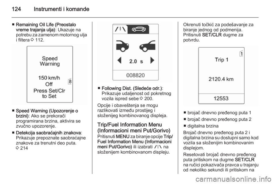 OPEL ASTRA J 2015.75  Uputstvo za upotrebu (in Serbian) 124Instrumenti i komande
■Remaining Oil Life (Preostalo
vreme trajanja ulja) : Ukazuje na
potrebu za zamenom motornog ulja i filtera  3 112.
■ Speed Warning (Upozorenje o
brzini) : Ako se prekora�