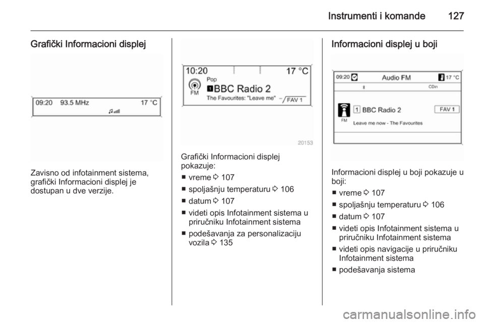 OPEL ASTRA J 2015.75  Uputstvo za upotrebu (in Serbian) Instrumenti i komande127
Grafički Informacioni displej
Zavisno od infotainment sistema,
grafički Informacioni displej je
dostupan u dve verzije.
Grafički Informacioni displej
pokazuje:
■ vreme  3