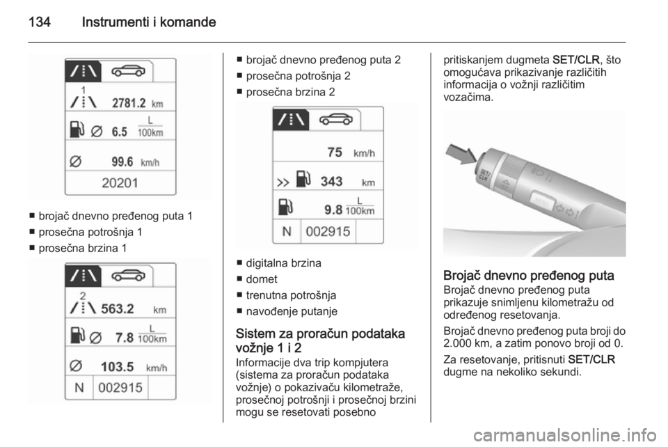 OPEL ASTRA J 2015.75  Uputstvo za upotrebu (in Serbian) 134Instrumenti i komande
■ brojač dnevno pređenog puta 1
■ prosečna potrošnja 1
■ prosečna brzina 1
■ brojač dnevno pređenog puta 2
■ prosečna potrošnja 2
■ prosečna brzina 2
■