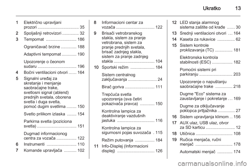 OPEL ASTRA J 2015.75  Uputstvo za upotrebu (in Serbian) Ukratko13
1Električno upravljani
prozori ................................... 35
2 Spoljašnji retrovizori ..............32
3 Tempomat  .......................... 186
Ograničavač brzine ............