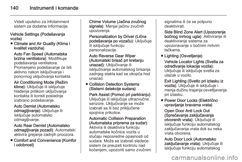 OPEL ASTRA J 2015.75  Uputstvo za upotrebu (in Serbian) 140Instrumenti i komande
Videti uputstvo za infotainment
sistem za dodatne informacije.
Vehicle Settings (Podešavanja
vozila)
■ Climate and Air Quality (Klima i
kvalitet vazduha)
Auto Fan Speed (Au