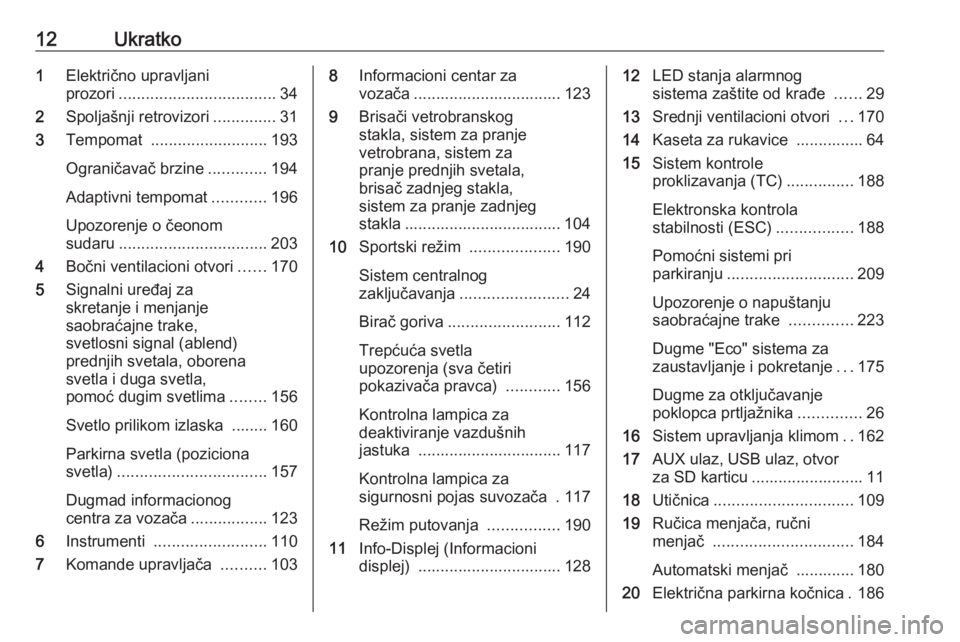 OPEL ASTRA J 2016.5 Uputstvo za upotrebu (in Serbian) 12Ukratko1Električno upravljani
prozori ................................... 34
2 Spoljašnji retrovizori ..............31
3 Tempomat .......................... 193
Ograničavač brzine ............. OPEL ASTRA J 2016.5 Uputstvo za upotrebu (in Serbian) 12Ukratko1Električno upravljani
prozori ................................... 34
2 Spoljašnji retrovizori ..............31
3 Tempomat .......................... 193
Ograničavač brzine .............