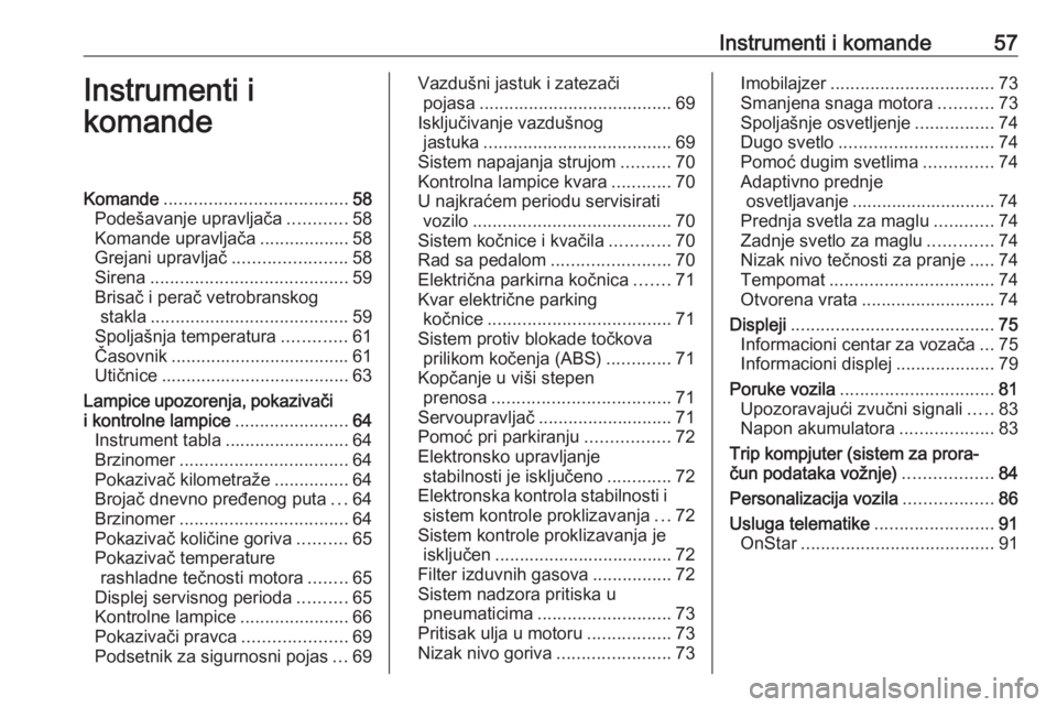 OPEL ASTRA J 2019  Uputstvo za upotrebu (in Serbian) Instrumenti i komande57Instrumenti i
komandeKomande ..................................... 58
Podešavanje upravljača ............58
Komande upravljača ..................58
Grejani upravljač .......