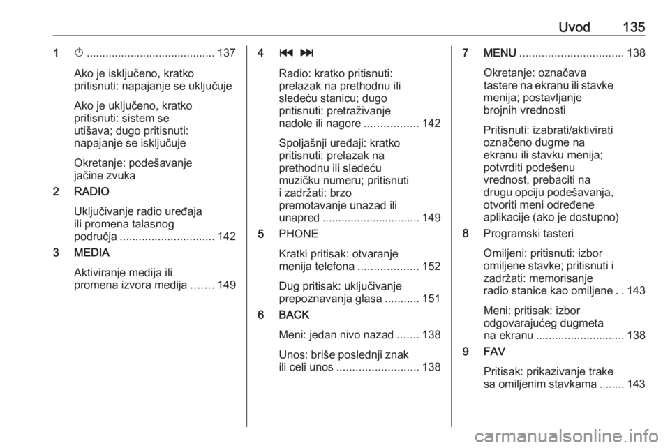 OPEL ASTRA K 2016  Uputstvo za rukovanje Infotainment sistemom (in Serbian) Uvod1351X......................................... 137
Ako je isključeno, kratko
pritisnuti: napajanje se uključuje
Ako je uključeno, kratko
pritisnuti: sistem se
utišava; dugo pritisnuti:
napajan