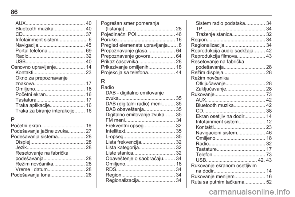 OPEL ASTRA K 2016  Uputstvo za rukovanje Infotainment sistemom (in Serbian) 86AUX........................................... 40
Bluetooth muzika....................... 40
CD ............................................. 37
Infotainment sistem .....................6
Navigacija