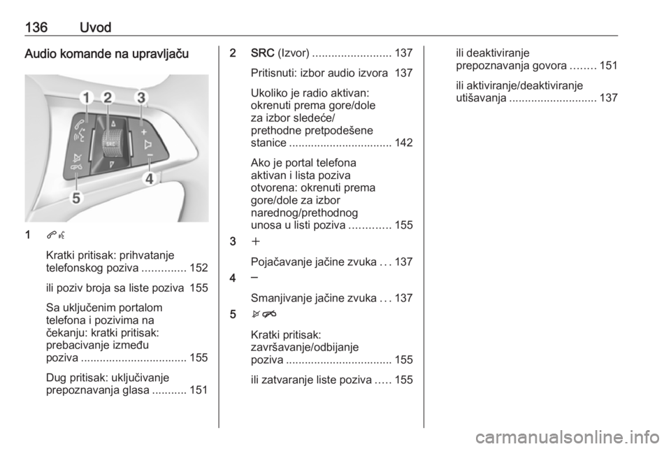 OPEL ASTRA K 2016.5  Uputstvo za rukovanje Infotainment sistemom (in Serbian) 136UvodAudio komande na upravljaču
1qw
Kratki pritisak: prihvatanje
telefonskog poziva ..............152
ili poziv broja sa liste poziva 155
Sa uključenim portalom
telefona i pozivima na
čekanju: k