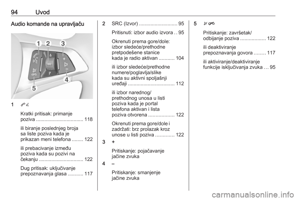 OPEL ASTRA K 2016.5 Uputstvo za rukovanje Infotainment sistemom (in Serbian) 94UvodAudio komande na upravljaču
1qw
Kratki pritisak: primanje
poziva .................................. 118
ili biranje poslednjeg broja
sa liste poziva kada je
prikazan meni telefona ........122
i OPEL ASTRA K 2016.5 Uputstvo za rukovanje Infotainment sistemom (in Serbian) 94UvodAudio komande na upravljaču
1qw
Kratki pritisak: primanje
poziva .................................. 118
ili biranje poslednjeg broja
sa liste poziva kada je
prikazan meni telefona ........122
i