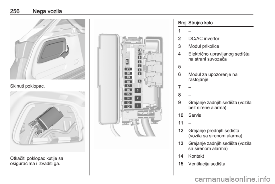 OPEL ASTRA K 2017  Uputstvo za upotrebu (in Serbian) 256Nega vozila
Skinuti poklopac.
Otkačiti poklopac kutije sa
osiguračima i izvaditi ga.
BrojStrujno kolo1–2DC/AC invertor3Modul prikolice4Električno upravljanog sedišta
na strani suvozača5–6M