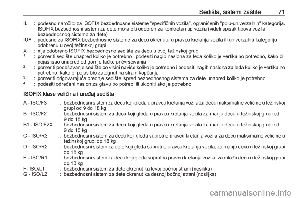 OPEL ASTRA K 2017  Uputstvo za upotrebu (in Serbian) Sedišta, sistemi zaštite71IL:podesno naročito za ISOFIX bezbednosne sisteme "specifičnih vozila", ograničenih "polu-univerzalnih" kategorija.
ISOFIX bezbednosni sistem za dete mor