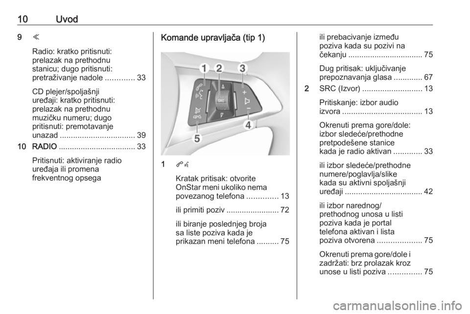 OPEL ASTRA K 2017.5 Uputstvo za rukovanje Infotainment sistemom (in Serbian) 10Uvod9Y
Radio: kratko pritisnuti:
prelazak na prethodnu
stanicu; dugo pritisnuti:
pretraživanje nadole .............33
CD plejer/spoljašnji
uređaji: kratko pritisnuti:
prelazak na prethodnu
muzič OPEL ASTRA K 2017.5 Uputstvo za rukovanje Infotainment sistemom (in Serbian) 10Uvod9Y
Radio: kratko pritisnuti:
prelazak na prethodnu
stanicu; dugo pritisnuti:
pretraživanje nadole .............33
CD plejer/spoljašnji
uređaji: kratko pritisnuti:
prelazak na prethodnu
muzič