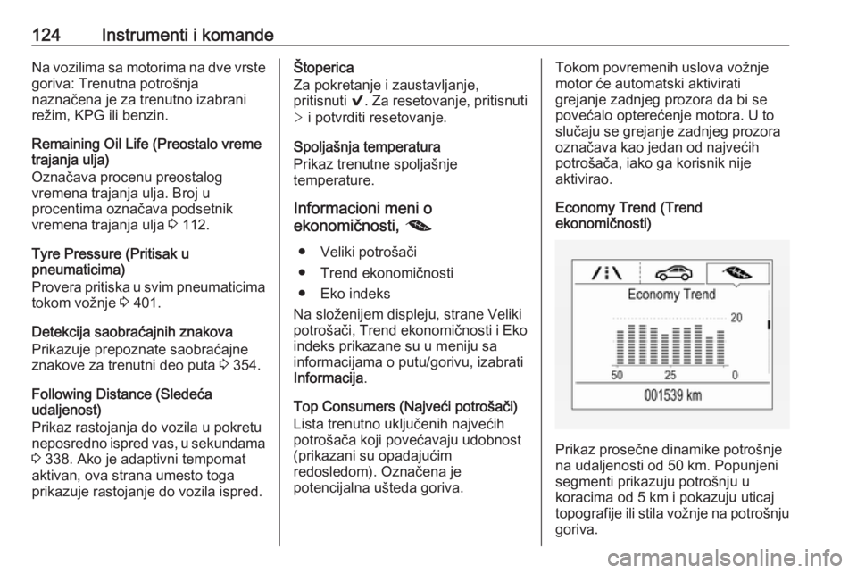 OPEL ASTRA K 2017.5  Uputstvo za upotrebu (in Serbian) 124Instrumenti i komandeNa vozilima sa motorima na dve vrste
goriva: Trenutna potrošnja
naznačena je za trenutno izabrani
režim, KPG ili benzin.
Remaining Oil Life (Preostalo vreme
trajanja ulja)
O
