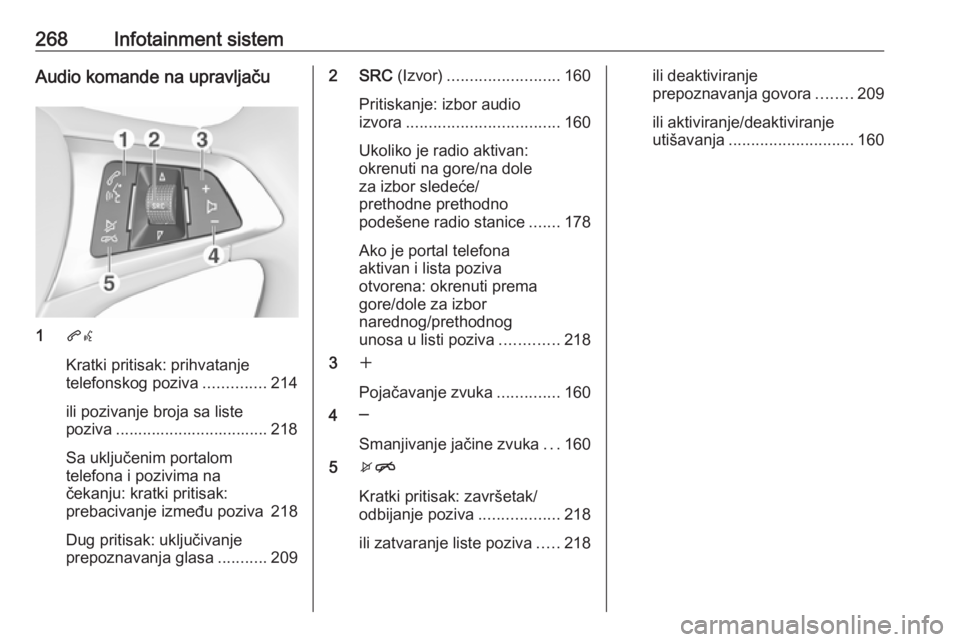 OPEL ASTRA K 2017.5  Uputstvo za upotrebu (in Serbian) 268Infotainment sistemAudio komande na upravljaču
1qw
Kratki pritisak: prihvatanje
telefonskog poziva ..............214
ili pozivanje broja sa liste
poziva .................................. 218
Sa u