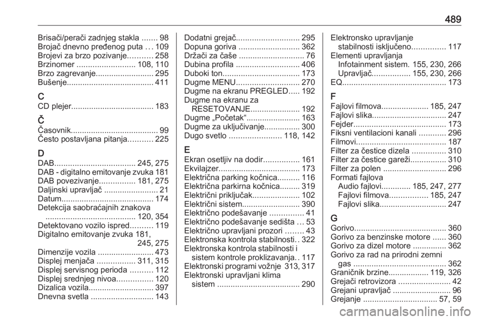 OPEL ASTRA K 2017.5  Uputstvo za upotrebu (in Serbian) 489Brisači/perači zadnjeg stakla .......98
Brojač dnevno pređenog puta  ...109
Brojevi za brzo pozivanje ...........258
Brzinomer  .......................... 108, 110
Brzo zagrevanje..............