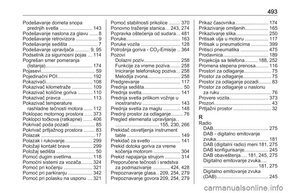 OPEL ASTRA K 2017.5  Uputstvo za upotrebu (in Serbian) 493Podešavanje dometa snopaprednjih svetla  ........................ 143
Podešavanje naslona za glavu  ......8
Podešavanje retrovizora  ................9
Podešavanje sedišta  ....................