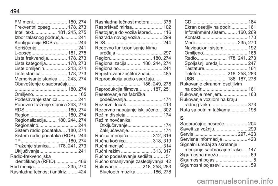 OPEL ASTRA K 2017.5  Uputstvo za upotrebu (in Serbian) 494FM meni.......................... 180, 274
Frekventni opseg ............178, 273
Intellitext .................. 181, 245, 275
Izbor talasnog područja ...........241
Konfiguracija RDS-a............
