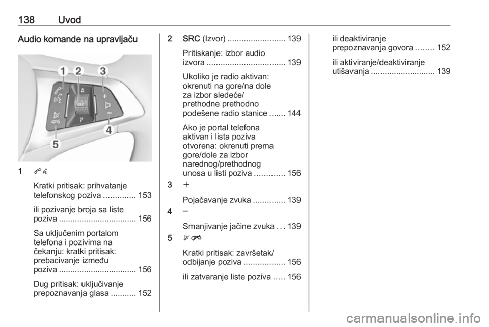 OPEL ASTRA K 2018  Uputstvo za rukovanje Infotainment sistemom (in Serbian) 138UvodAudio komande na upravljaču
1qw
Kratki pritisak: prihvatanje
telefonskog poziva ..............153
ili pozivanje broja sa liste
poziva .................................. 156
Sa uključenim port