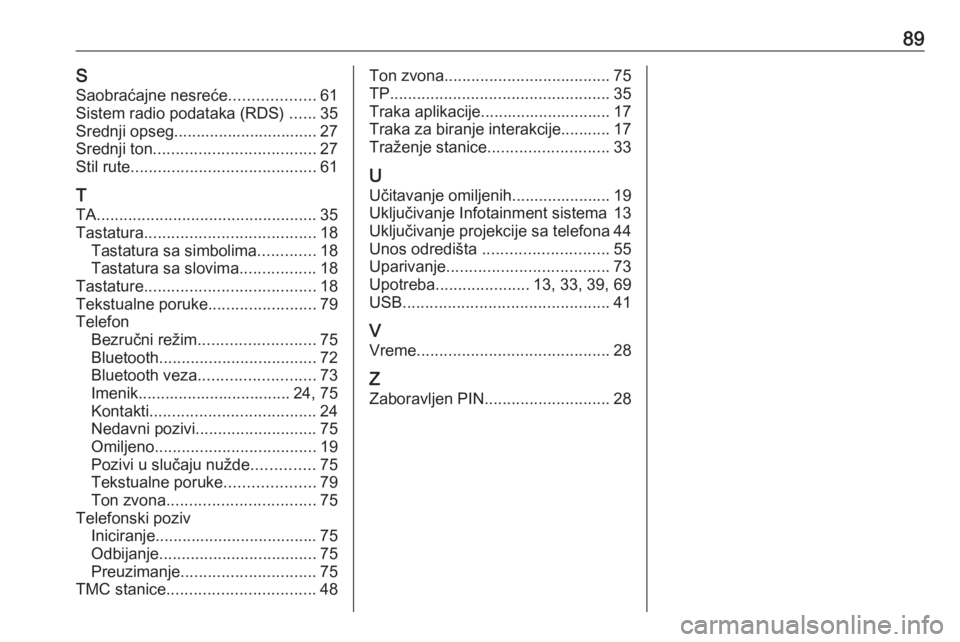 OPEL ASTRA K 2018  Uputstvo za rukovanje Infotainment sistemom (in Serbian) 89SSaobraćajne nesreće ...................61
Sistem radio podataka (RDS)  ......35
Srednji opseg................................ 27
Srednji ton .................................... 27
Stil rute ....