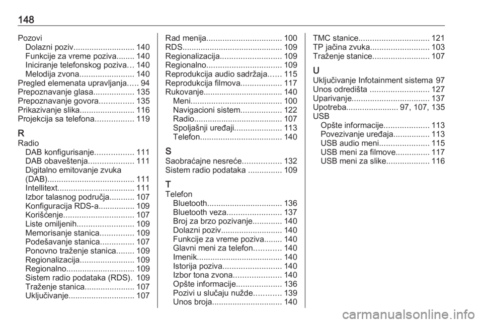 OPEL ASTRA K 2018.5  Uputstvo za rukovanje Infotainment sistemom (in Serbian) 148PozoviDolazni poziv ........................... 140
Funkcije za vreme poziva........ 140
Iniciranje telefonskog poziva ...140
Melodija zvona ........................ 140
Pregled elemenata upravljan
