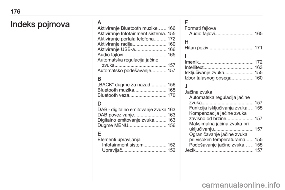 OPEL ASTRA K 2018.5  Uputstvo za rukovanje Infotainment sistemom (in Serbian) 176Indeks pojmovaAAktiviranje Bluetooth muzike ......166
Aktiviranje Infotainment sistema. 155
Aktiviranje portala telefona .........172
Aktiviranje radija .........................160
Aktiviranje USB