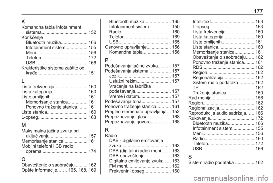 OPEL ASTRA K 2018.5  Uputstvo za rukovanje Infotainment sistemom (in Serbian) 177KKomandna tabla Infotainment sistema .................................... 152
Korišćenje Bluetooth muzika ....................166
Infotainment sistem .................155
Meni ...................