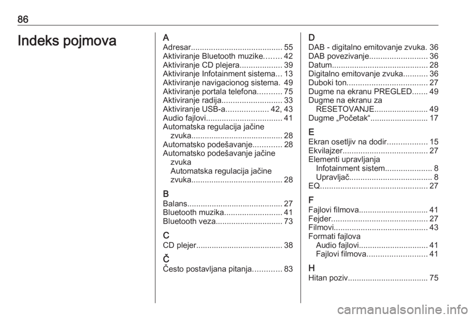 OPEL ASTRA K 2018.5  Uputstvo za rukovanje Infotainment sistemom (in Serbian) 86Indeks pojmovaAAdresar ......................................... 55
Aktiviranje Bluetooth muzike ........42
Aktiviranje CD plejera ...................39
Aktiviranje Infotainment sistema ...13
Aktivi OPEL ASTRA K 2018.5  Uputstvo za rukovanje Infotainment sistemom (in Serbian) 86Indeks pojmovaAAdresar ......................................... 55
Aktiviranje Bluetooth muzike ........42
Aktiviranje CD plejera ...................39
Aktiviranje Infotainment sistema ...13
Aktivi