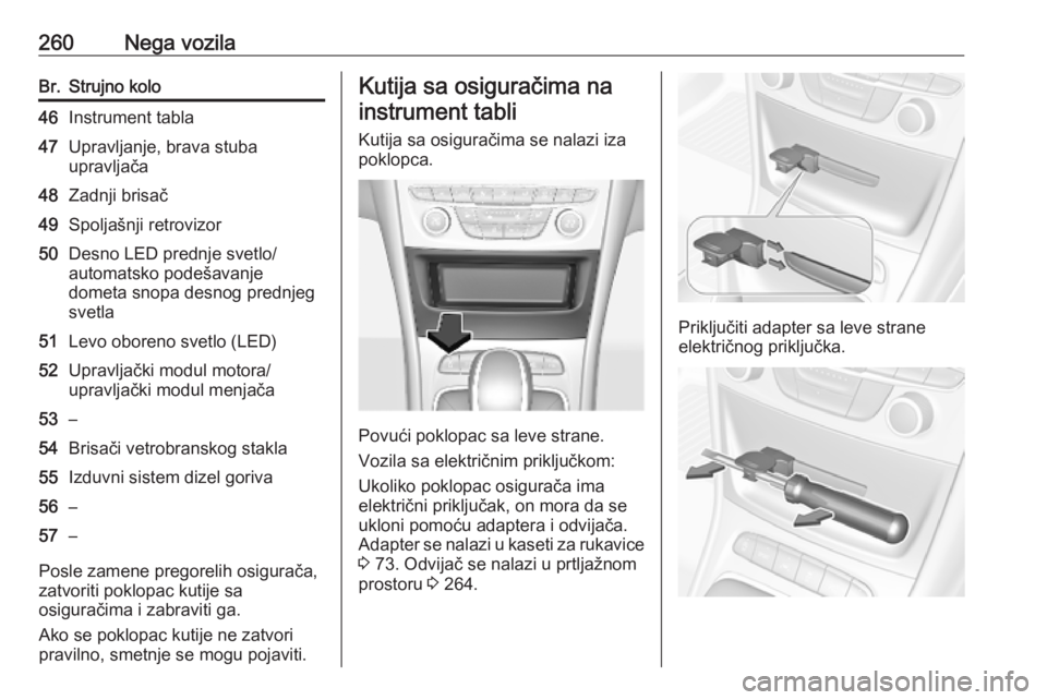 OPEL ASTRA K 2018.75  Uputstvo za upotrebu (in Serbian) 260Nega vozilaBr.Strujno kolo46Instrument tabla47Upravljanje, brava stuba
upravljača48Zadnji brisač49Spoljašnji retrovizor50Desno LED prednje svetlo/
automatsko podešavanje
dometa snopa desnog pre