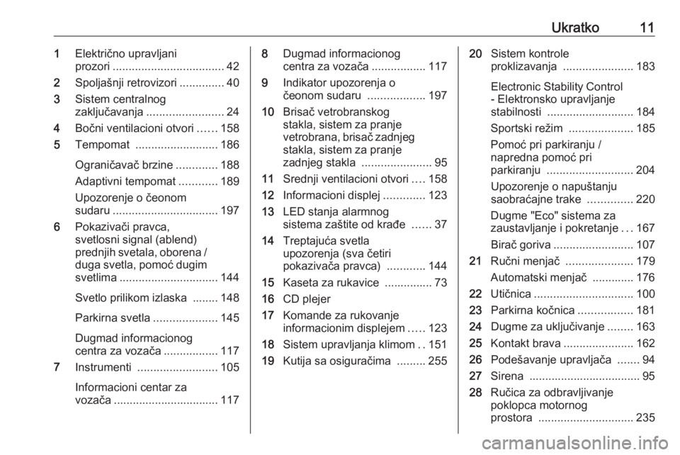 OPEL ASTRA K 2019.5  Uputstvo za upotrebu (in Serbian) Ukratko111Električno upravljani
prozori ................................... 42
2 Spoljašnji retrovizori ..............40
3 Sistem centralnog
zaključavanja ........................ 24
4 Bočni venti
